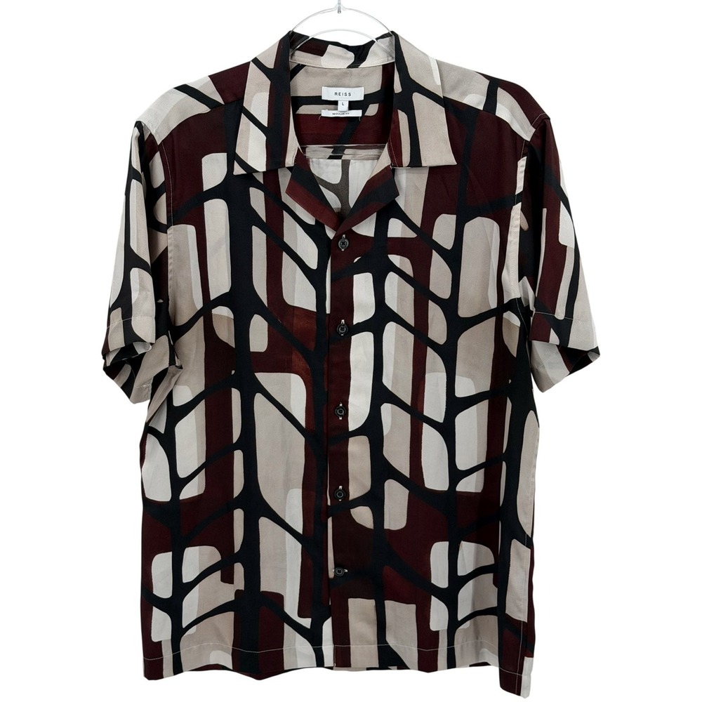 Reiss Shirt Mens Large Burgundy Rico Abstract Camp Button Up Artsy Travel Modern
